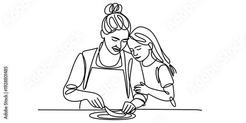 A mother and her young daughter bond while cooking together in a simple one line drawing