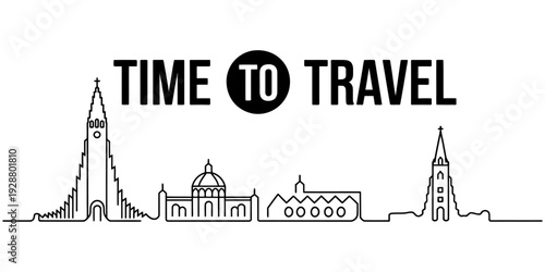 Time to travel reykjavik iceland skyline silhouette with hallgrimskirkja church and city landmarks.