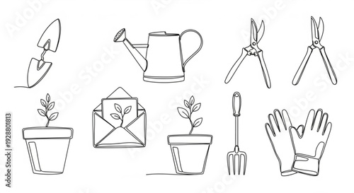 Gardening tools and plants illustration set with watering can pruners gloves and seedlings in pots for planting and growth