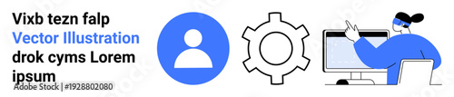 Avatar symbol, gear icon, and person on computer emphasize functionality, customization, and productivity. Ideal for user management, business tools, tech services, workflows profile setup or