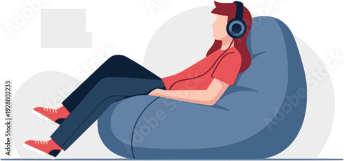 Young man relaxing on a blue bean bag chair listening to music with headphones vector illustration