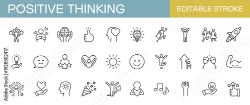 ポジティブ思考に関するアイコンセット　感情・メンタル（線幅変更可能）