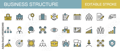 事業構造に関するラインアイコンセット（線幅変更可能・カラー）