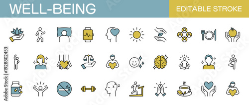 心身の健康に関するアイコンセット　ウェルビーイング・ウェルネス（線幅変更可能・カラー）