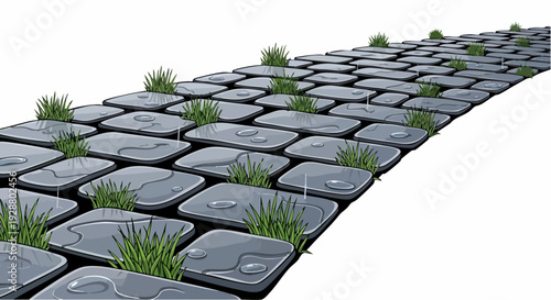 Grass Growing Between Modular Tiles Grid.