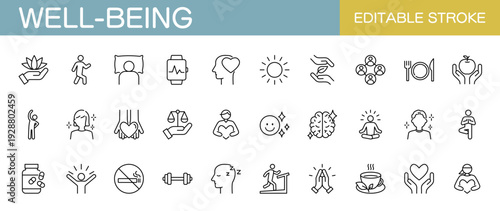 心身の健康に関するアイコンセット　ウェルビーイング・ウェルネス（線幅変更可能）
