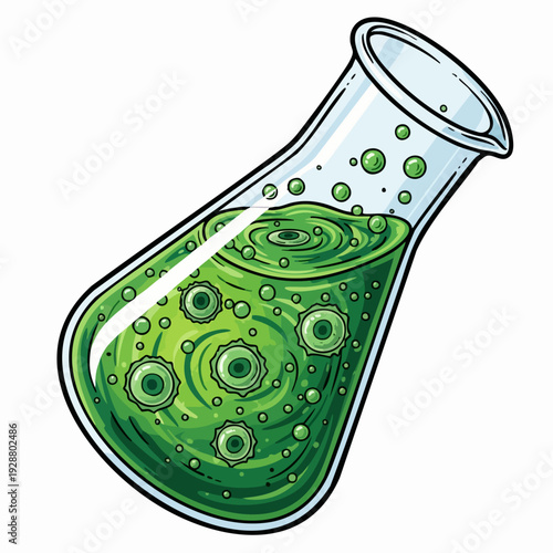 Green bubbling Erlenmeyer flask with liquid.