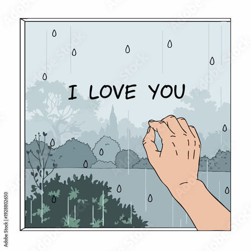 Hand Writing I Love You On Window Glass In Rain.