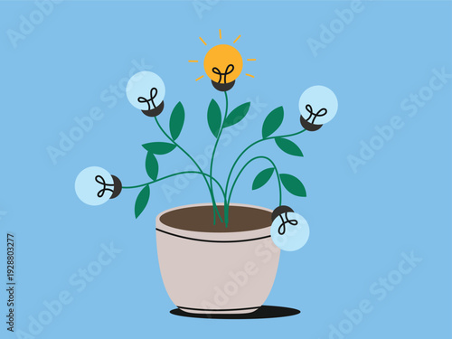 Light bulb growing from the flower pot, creative idea concept