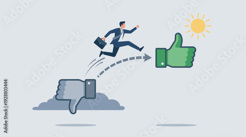 Businessman jumping from a thumbs down to a thumbs up icon, representing career growth, positive change, and success. Vector illustration of a professional moving from failure to achievement.