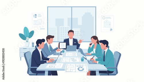 Professional business team discussing real estate investment in office meeting. Group of investors analyzing property blueprints and house designs on laptops and tablets for urban development.