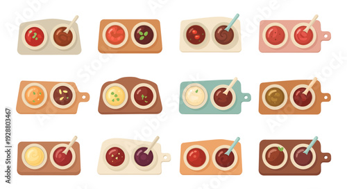 Set of Condiment Dip Boards with Various Sauces, Vector Flat Illustration of Dipping Bowls with Ketchup, Mustard, BBQ, and Chili Sauce for Food Menu Design