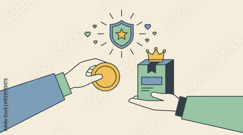 Business branding and marketing advertising promotion concept with customer hand holding money coin to buy premium product box with crown and shield symbol representing brand trust and quality.