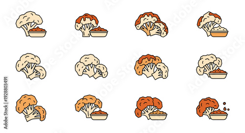 Set of Cauliflower Florets with Dipping Sauce Illustration, Healthy Vegetable Snack Icons with Buffalo Sauce and Dip Bowls, Vector Flat Line Art for Vegan Menu Design
