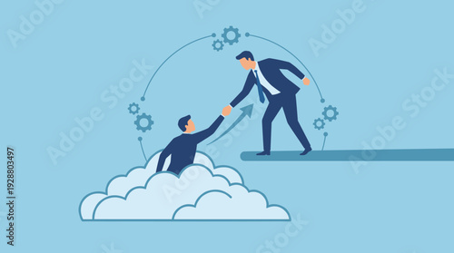 Business Teamwork and Partnership Concept with Businessman Helping to Pull Another Colleague Up from Clouds, Representing Mentorship, Support, Professional Career Growth, and Corporate Success.
