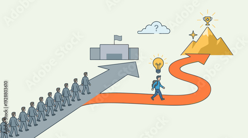 Creative Thinking and Success Concept. Individual with a New Idea Taking a Unique Path to a Mountain Peak Trophy While Others Follow the Crowd to a Building. Flat Vector Illustration.