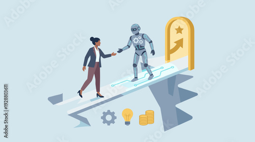 Businesswoman shaking hands with an AI robot assistant on a digital bridge leading to a golden door of success, representing artificial intelligence guidance, innovation, and future partnership.