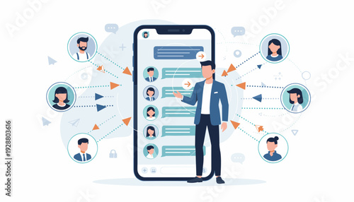 Businessman standing by a large smartphone sharing news and referring friends through a mobile app. Flat vector illustration of online networking, social media marketing, and digital connection.