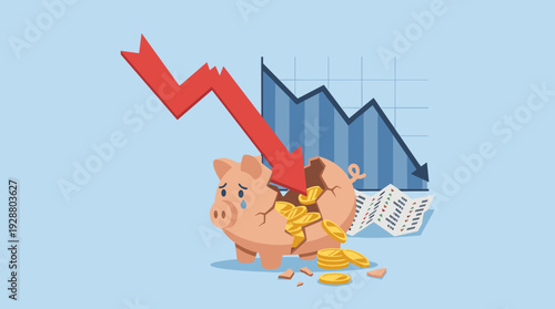 Economic crisis and financial loss concept with a broken piggy bank and a red falling arrow crashing through it, representing stock market crash, inflation, and loss of savings and investment.