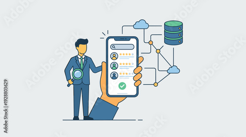 Professional Employer Searching for Qualified Workers for Company Based on Rating, Online Recruitment via Mobile Phone App with Database and Cloud Network, HR Specialist Evaluating Candidates