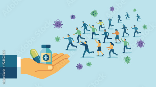 Hand Holding COVID-19 Pill and Vaccine Bottle with People Running to Reach Treatment Amidst Virus Particles. Illustration of Global Health Crisis, Pandemic Medicine, and Urgent Search for Cure.