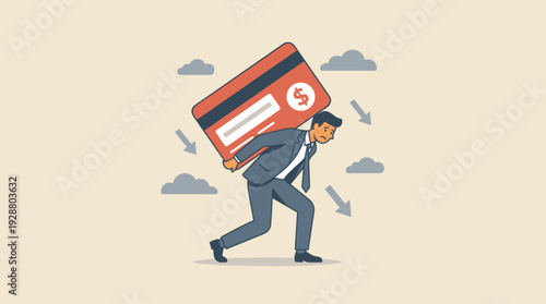 Struggling businessman carrying a heavy credit card on his back representing financial debt, loan burden, and economic pressure. Concept of bankruptcy, money trouble, high interest rates, and stress.