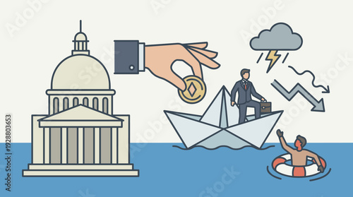 Government Bailout Concept Illustration with Giant Hand Dropping Coin into Paper Boat Carrying Businessman while Drowning Man Struggles in Life Preserver during Economic Financial Crisis
