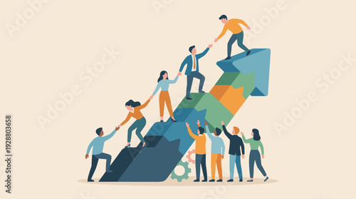 Teamwork and collaboration concept with diverse business people helping each other climb a rising arrow of success. Corporate growth, leadership support, and collective achievement illustration.