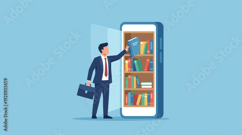 Businessman in suit reaching into a smartphone screen to take a book from a digital bookshelf, representing mobile library, online education, e-book reading and easy access to knowledge.