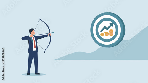 Businessman aiming bow and arrow at a target with upward growth arrow and gold coins. Concept of financial success, strategic planning, profit achievement, investment goals, and market growth.
