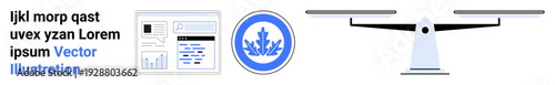 Business analysis, statistics, certification, security, legal, balance. Visual elements show data report, certified badge and scales of justice. Business analysis and certification concept