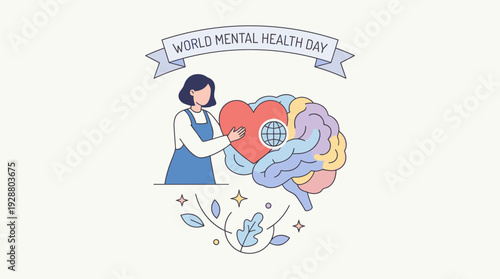 World Mental Health Day Concept Vector Illustration Featuring a Woman Placing a Large Red Heart on a Colorful Human Brain, Symbolizing Emotional Well-being, Self-care, and Global Awareness.