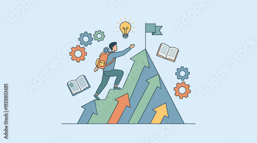 Motivation and personal development vector concept with a man climbing a mountain of arrows towards success, featuring light bulb for ideas, books for learning, and gears for hard work.