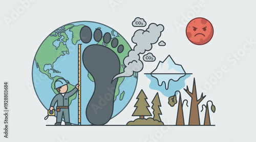 Vector illustration of a worker measuring a large carbon footprint on Earth with CO2 smoke, melting icebergs, and dead trees, symbolizing global warming and environmental impact concept.
