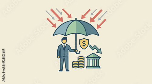 Business Insurance and Wealth Protection Concept with a Businessman Holding an Umbrella to Shield a Bank and Money from Falling Arrows Representing Financial Crisis and Market Volatility.