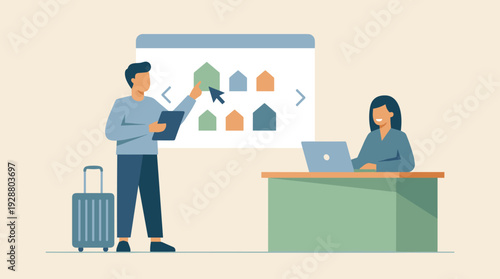 Real Estate Agency Concept with Man Looking for Property on Digital Screen and Agent at Desk. Buying or Renting a New Home, Relocation and Investment Services, Flat Vector Illustration.