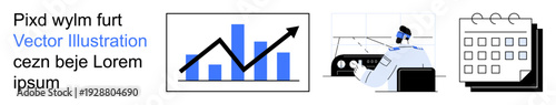 Business analytics, corporate planning, data visualization, performance tracking, productivity, and time management. A bar chart with growth arrow, team member analyzing data, and a calendar
