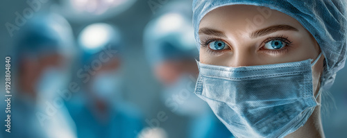 Female surgeon blue eyes surgical mask medical team hospital operating room healthcare focus surgery protective clothing sterile scrub cap closeup