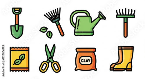 Gardening tools and supplies for planting and nurturing including shovel rake watering can boots and more