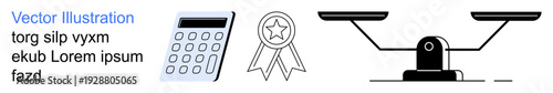 Financial decision-making, achievements, justice, equality, business, legal concepts. A calculator, award ribbon and balance scale are visible. Finance and achievements concepts are