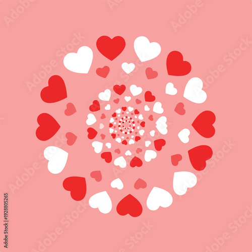 Spiral design of red and white hearts on a soft pink background