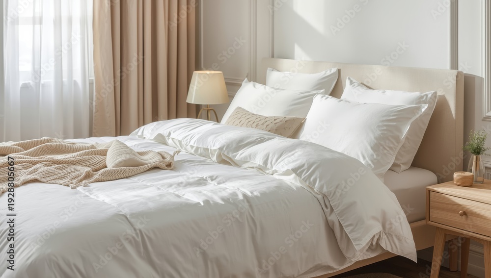 Obraz premium Bright bedroom featuring white bedding. Minimalist, soft fabric creates a fresh, cozy ambiance. Scandinavian design with hotel-like comfort