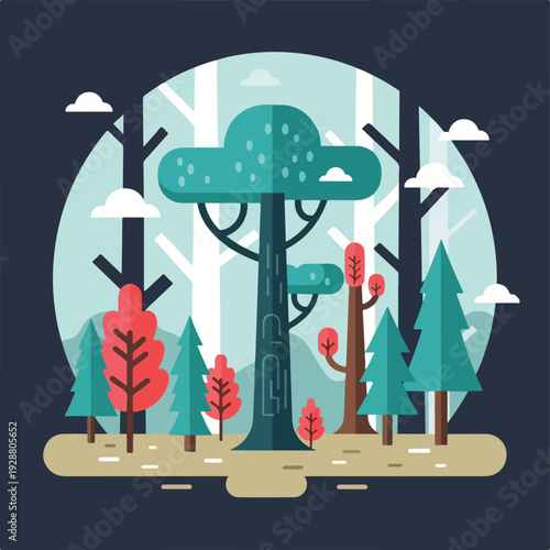 Stylized forest scene in geometric shapes, featuring trees and clouds