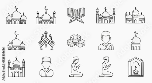 Ramadan and Eid al-Fitr Line Icon Set – Islamic Religious Symbols Outline Vector