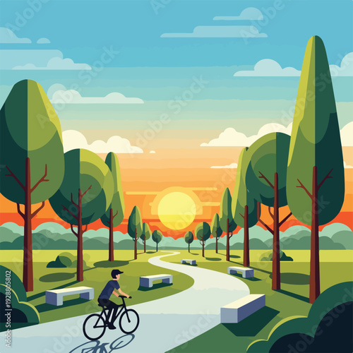 Stylized illustration of a cyclist enjoying the park at sunset