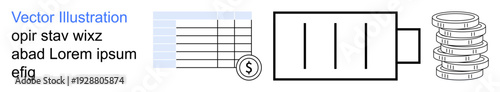 Financial transactions, economy, data processing, investment, energy storage, currency. Table with dollar symbol, battery stacked coins. Financial data and economy