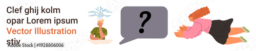Communication, education, problem solving, thought process, social interaction, and creative thinking. A person pondering with a thought bubble, question mark and another figure. Communication