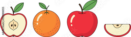 Apple and orange fruit vector illustration set with whole, sliced and fresh healthy food elements