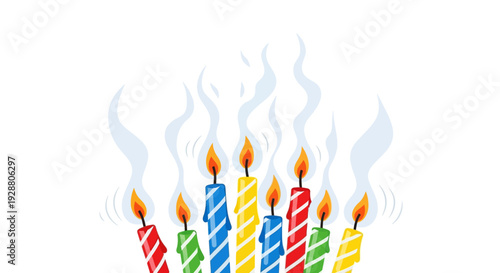 Colorful Lit Birthday Candles with Smoke and Flames
