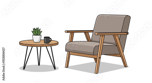 Cozy Armchair and Side Table with Succulent Plant and Coffee Mug